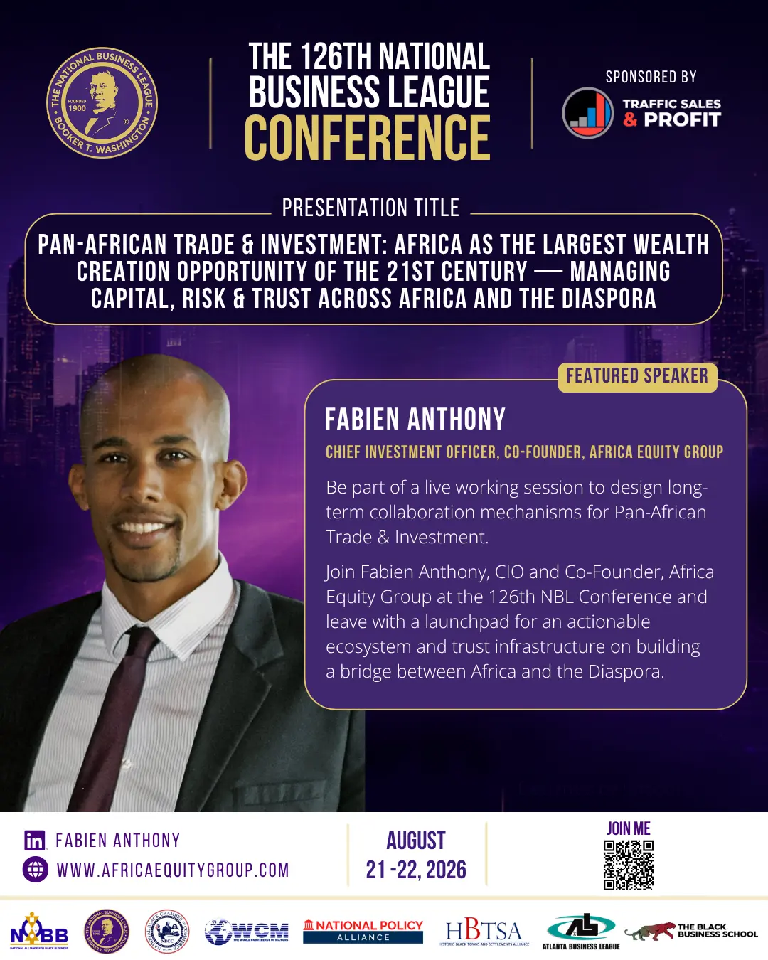 Conference poster featuring AEG Co-Founder and Chief Investment Officer Fabien Anthony and the Pan-African Trade & Investment session, August 21–22, 2026.